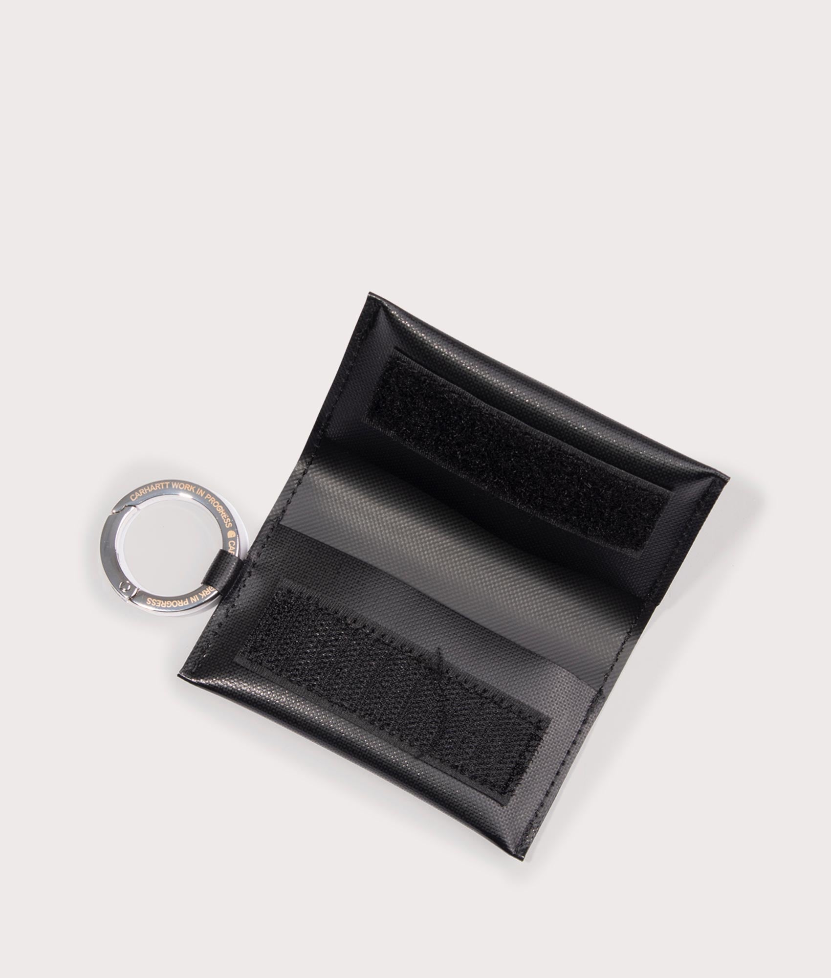Carhartt Link Script Keychain in 0D2XX Black/White open wallet shot at EQVVS
