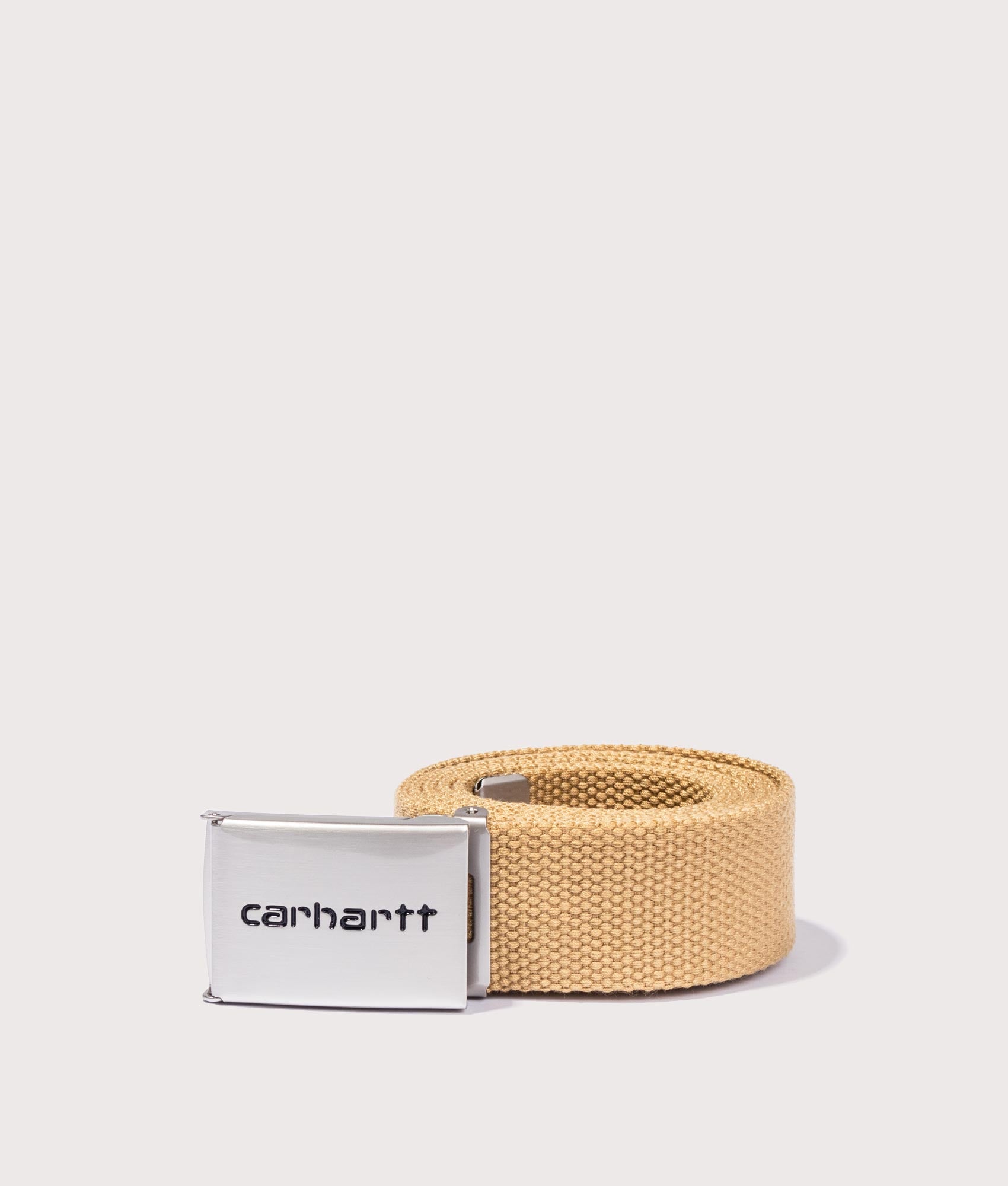 Carhartt WIP Chrome Clip Belt in Bourbon Beige Rolled Shot EQVVS