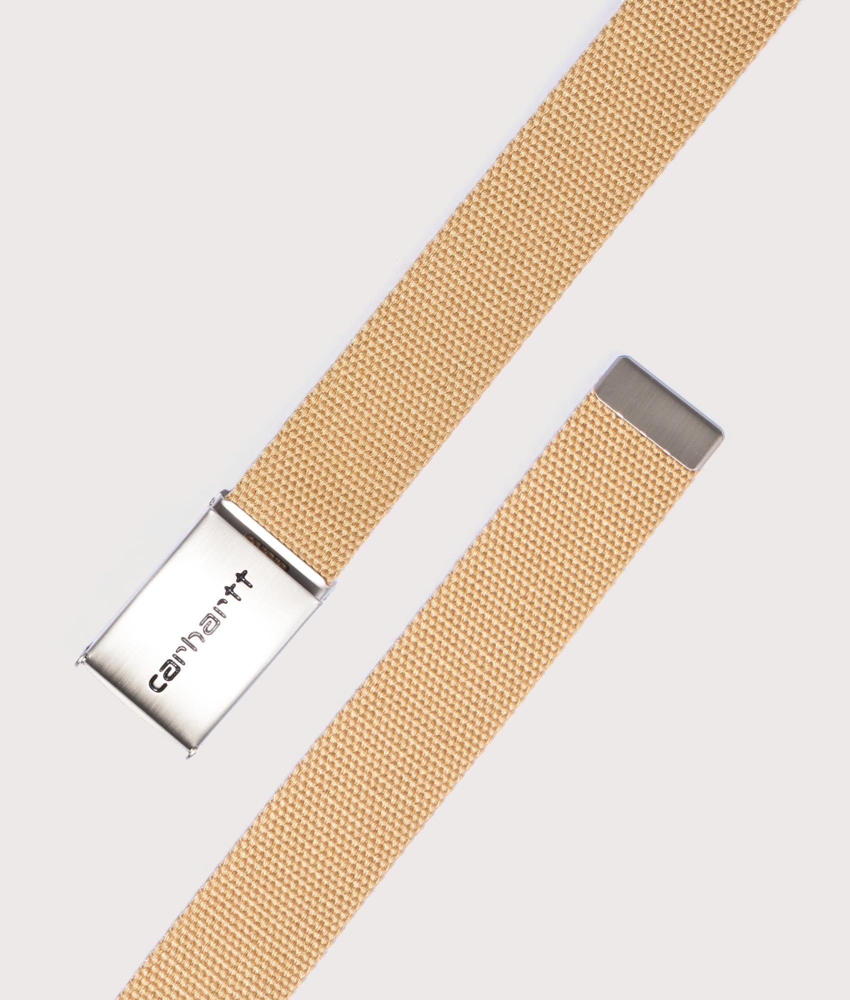 Carhartt WIP Chrome Clip Belt in Bourbon Beige Unrolled Shot EQVVS