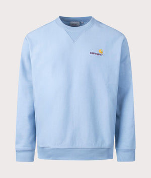 Carhartt WIP Relaxed Fit American Script Sweatshirt in Frosted Blue Front Shot at EQVVS