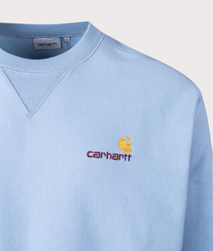 Carhartt WIP Relaxed Fit American Script Sweatshirt in Frosted Blue Detail Shot at EQVVS