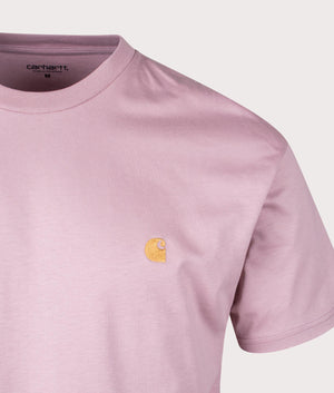 Carhartt WIP Relaxed Fit Chase T-Shirt in Glassy Pink and Gold Detail Shot at EQVVS