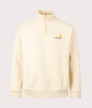 Carhartt WIP Relaxed Fit Quarter Zip American Script Sweatshirt in Rattan Yellow Front Shot at EQVVS