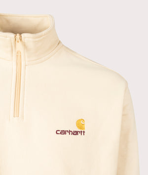 Carhartt WIP Relaxed Fit Quarter Zip American Script Sweatshirt in Rattan Yellow Detail Shot at EQVVS