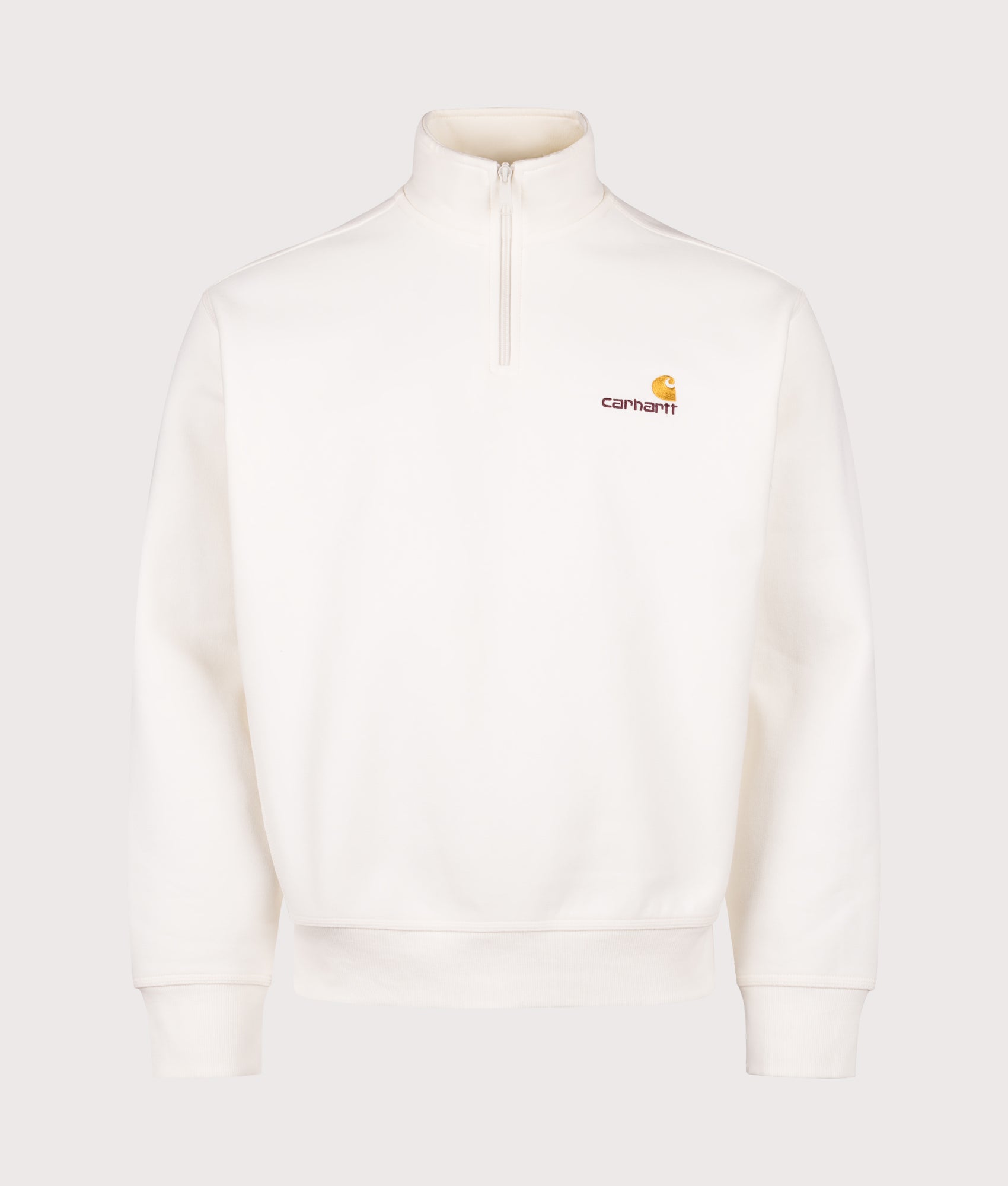 Carhartt WIP styling Relaxed Fit Quarter Zip American Script Sweatshirt in Wax at EQVVS Menswear. Front shot.