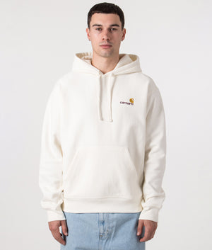 Relaxed Fit American Script Hoodie by Carhartt in Wax. Shot by EQVVS. Front model shot 