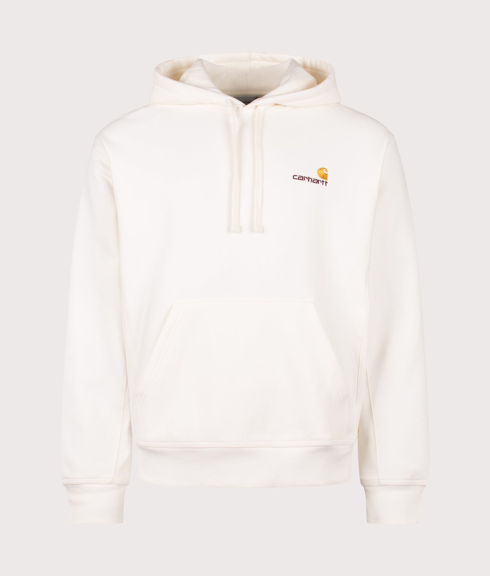 Relaxed Fit American Script Hoodie by Carhartt in Wax. Shot by EQVVS. Front shot.