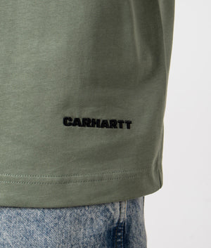Link Script T-Shirt Carhartt WIP. Park Green. Detail Shot at EQVVS.
