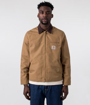 Carhartt WIP Detroit Jacket in Hamilton Brown with Tobacco Rigid Collar, 100% Cotton Zipped up Shot EQVVS