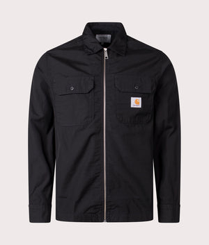 Carhartt WIP Relaxed Fit Craft Zip Shirt in Black Rinsed 100% Cotton Front Shot at EQVVS 
