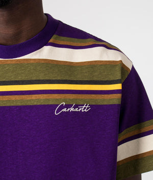 Carhartt WIP Relaxed Fit Morcom T-Shirt Morcom Stripe, Tyrian - Purple, Khaki, White and Yellow - 100% Cotton Detail Model Shot at EQVVS