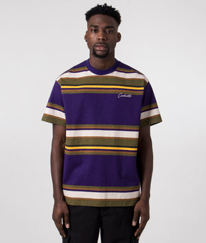 Carhartt WIP Relaxed Fit Morcom T-Shirt Morcom Stripe, Tyrian - Purple, Khaki, White and Yellow - 100% Cotton Front Model Shot at EQVVS