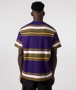 Carhartt WIP Relaxed Fit Morcom T-Shirt Morcom Stripe, Tyrian - Purple, Khaki, White and Yellow - 100% Cotton Back Model Shot at EQVVS