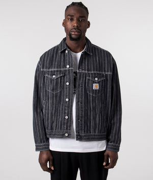 Carhartt WIP Orlean Jacket in Orelan Stripe/Black/White. Front angle shot at EQVVS.