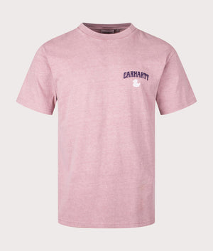 Carhartt WIP Relaxed Fit Duckin' T-Shirt in Glassy Pink with back print. Front angle shot at EQVVS.