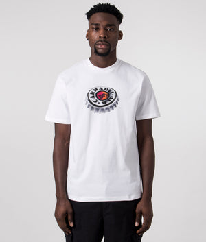 Carhartt WIP Bottle Cap T-Shirt in White with Graphic Print, 100% Organic Cotton Model Front Shot at EQVVS