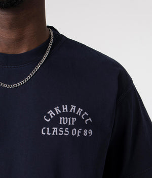 Carhartt WIP Relaxed Fit Class of 89 T-Shirt in Navy with White Carhartt Branding on the Chest, 100% Cotton Chest Shot at EQVVS