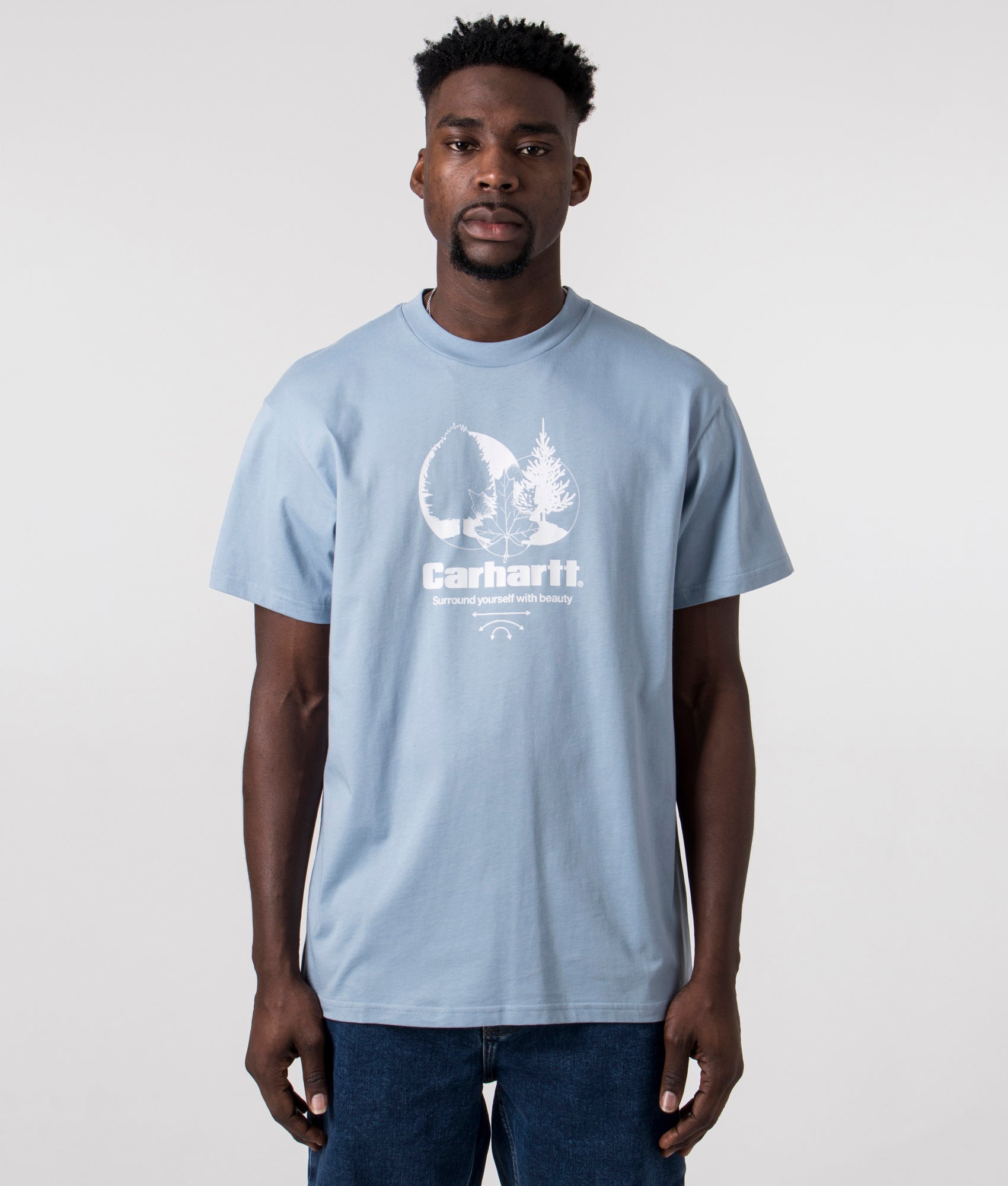 Carhartt WIP Relaxed Fit Surround T-Shirt in Frosted Blue with White Graphic Print, 100% Cotton Front Model Shot at EQVVS