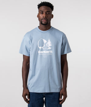 Carhartt WIP Relaxed Fit Surround T-Shirt in Frosted Blue with White Graphic Print, 100% Cotton Front Model Shot at EQVVS