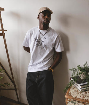 Carhartt WIP Tools For Life T-Shirt in White with Black Front Print Campaign Shot EQVVS