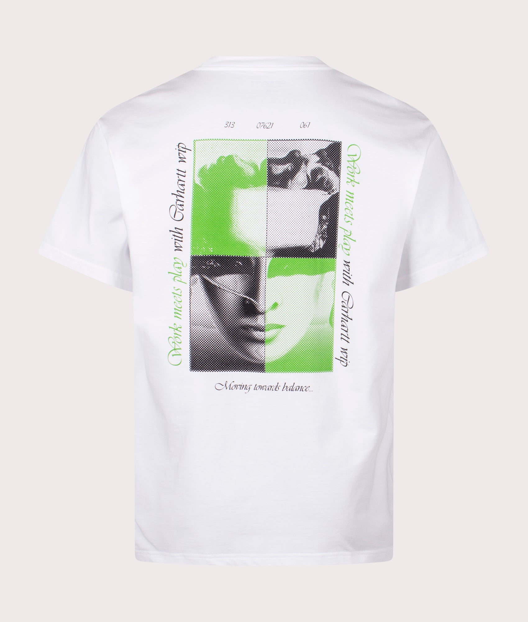 Carhartt WIP Relaxed Fit Work & Play T-Shirt in White. Back angle shot at EQVVS.