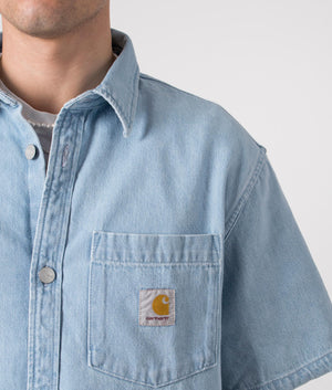 Ody Shirt by Carhartt WIP. Blue Stone Bleached Denim. Detail Shot at EQVVS.