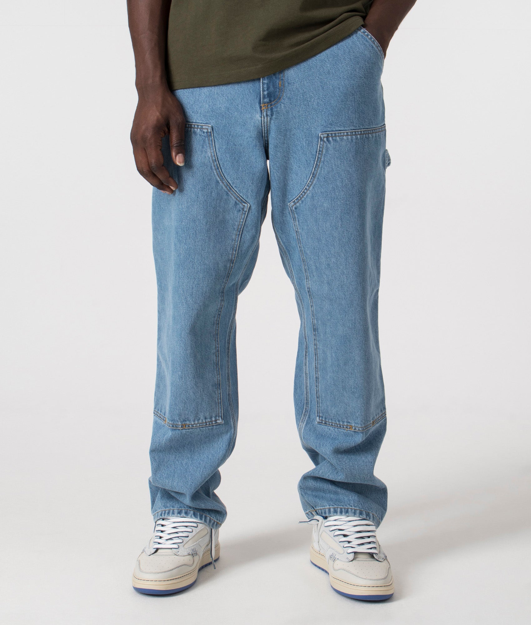Relaxed Fit Double Knee Pants in Blue Stone by Carhartt WIP. EQVVS Front Angle Shot.