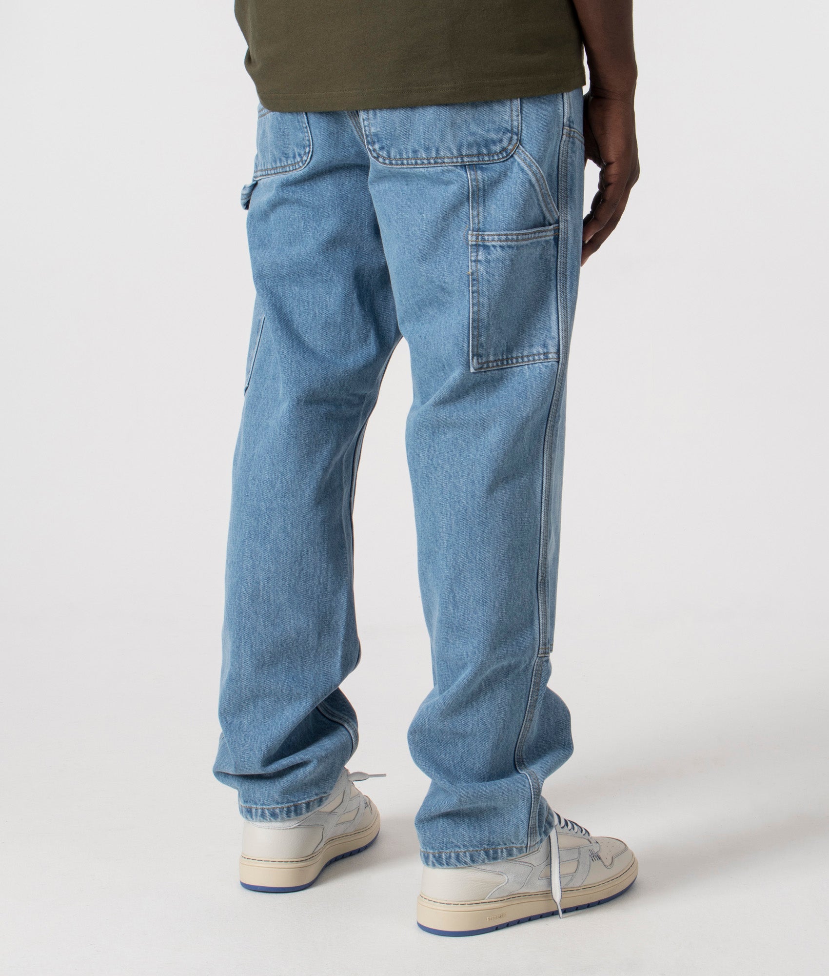 Relaxed Fit Double Knee Pants in Blue Stone by Carhartt WIP. EQVVS Back Angle Shot.
