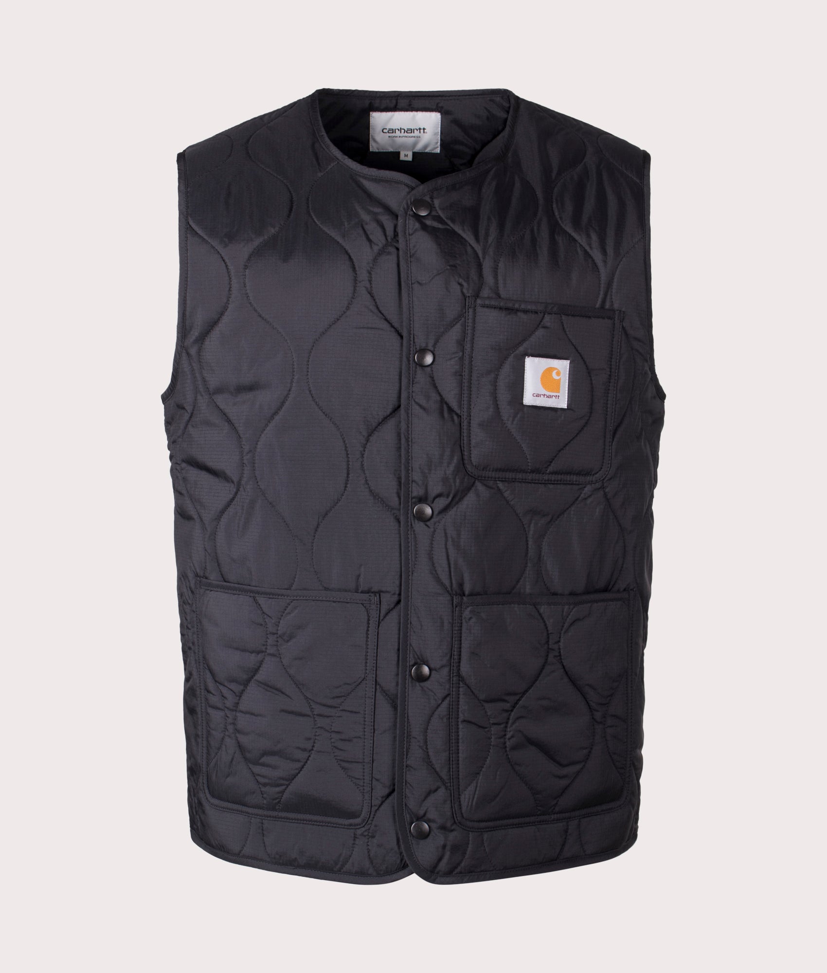 Carhartt WIP Skyton Vest in Black, 100% Recycled Polyester at EQVVS. Front shot. 