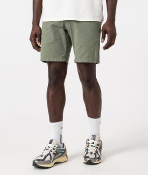 Carhartt WIP John Shorts in Park Green, 100% Cotton. Angle Shot at EQVVS