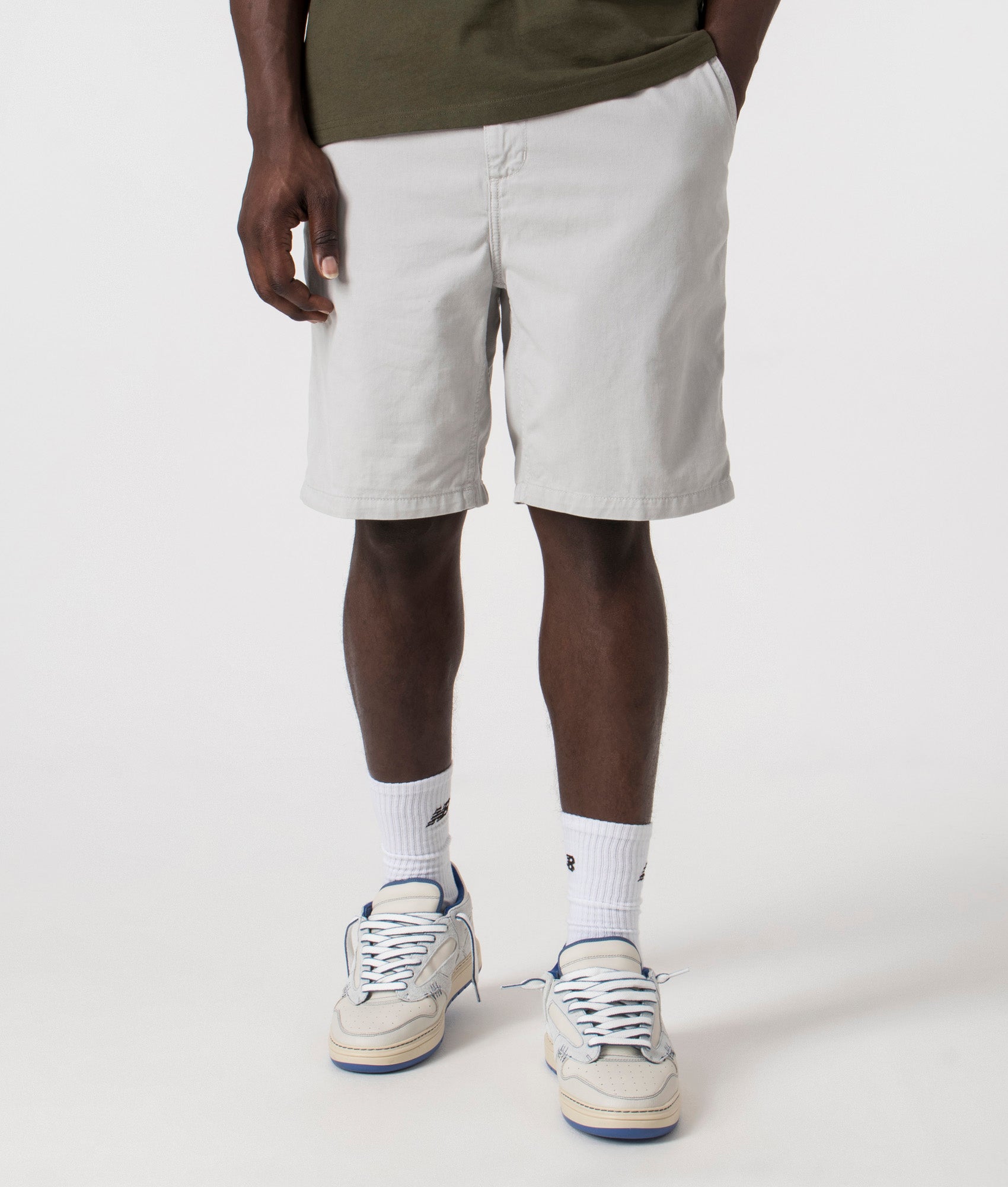 Flint Shorts in Sonic Silver by Carhartt. EQVVS Model Shot.
