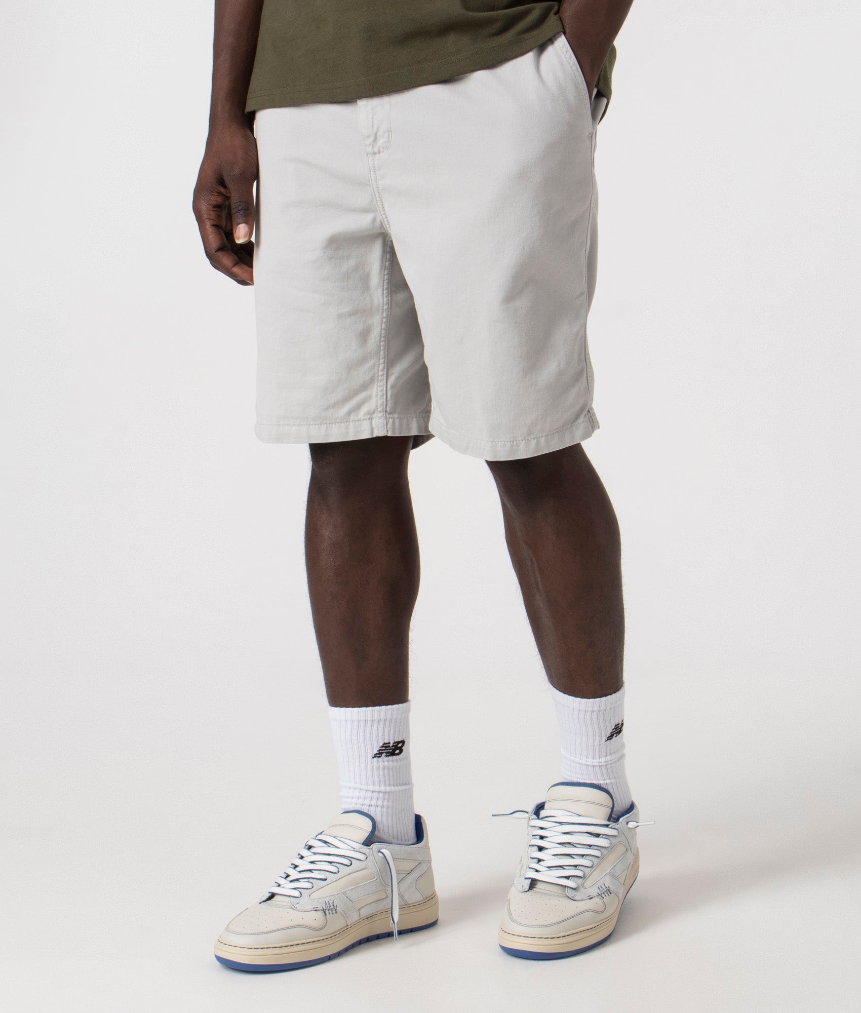 Flint Shorts in Sonic Silver by Carhartt. EQVVS Model Shot.