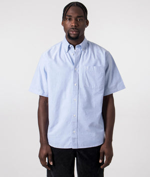 Carhartt Short Sleeve Braxton Shirt in Bleach Blue, 100% Cotton. Front Model Shot at EQVVS