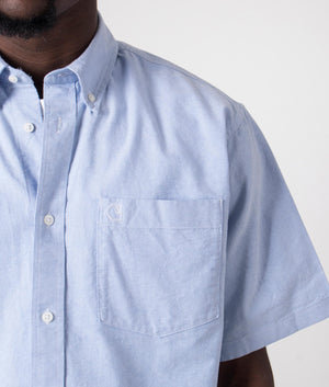 Carhartt Short Sleeve Braxton Shirt in Bleach Blue, 100% Cotton. Detail Model Shot at EQVVS