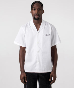 Carhartt WIP Short Sleeve Delray Shirt in White with Black Brand. Front Model Shot at EQVVS