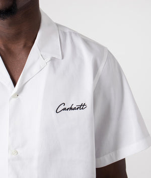 Carhartt WIP Short Sleeve Delray Shirt in White with Black Brand. Detail Model Shot at EQVVS