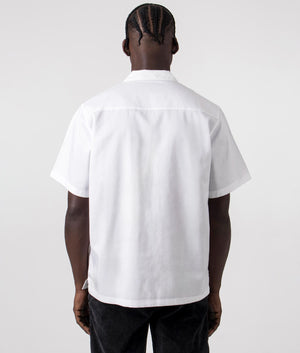 Carhartt WIP Short Sleeve Delray Shirt in White with Black Brand. Back Model Shot at EQVVS