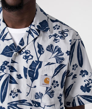 Carhartt WIP Short Sleeve Woodblock Shirt in Sonic Silver, 100% Cotton. Detail Model Shot at EQVVS