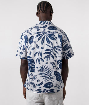 Carhartt WIP Short Sleeve Woodblock Shirt in Sonic Silver, 100% Cotton. Back Model Shot at EQVVS