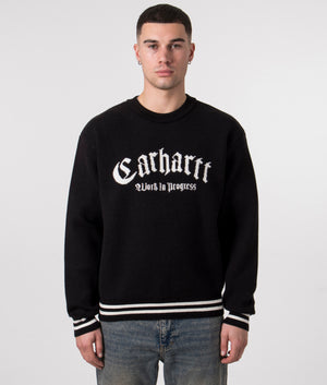 Carhartt WIP Onyx Jumper in Black with Crew Neck and Large Chest Logo in Wax White Front Shot EQVVS