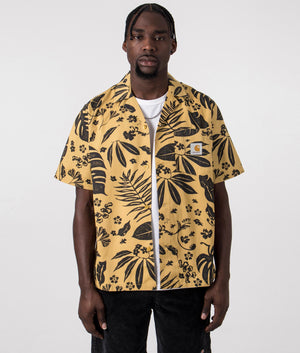 Carhartt WIP Short Sleeve Woodblock Shirt in Bourbon Yellow with Wood Print, 100% Cotton. Open Front Model Shot at EQVVS