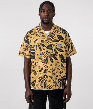 Carhartt WIP Short Sleeve Woodblock Shirt in Bourbon Yellow with Wood Print, 100% Cotton. Front Model Shot at EQVVS