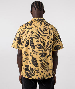 Carhartt WIP Short Sleeve Woodblock Shirt in Bourbon Yellow with Wood Print, 100% Cotton. Back Model Shot at EQVVS
