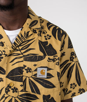 Carhartt WIP Short Sleeve Woodblock Shirt in Bourbon Yellow with Wood Print, 100% Cotton. Detail Model Shot at EQVVS