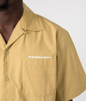 Carhartt WIP Short Sleeve Link Script Shirt in Bourbon Yellow and White, 100% Cotton. Detail Model Shot at EQVVS
