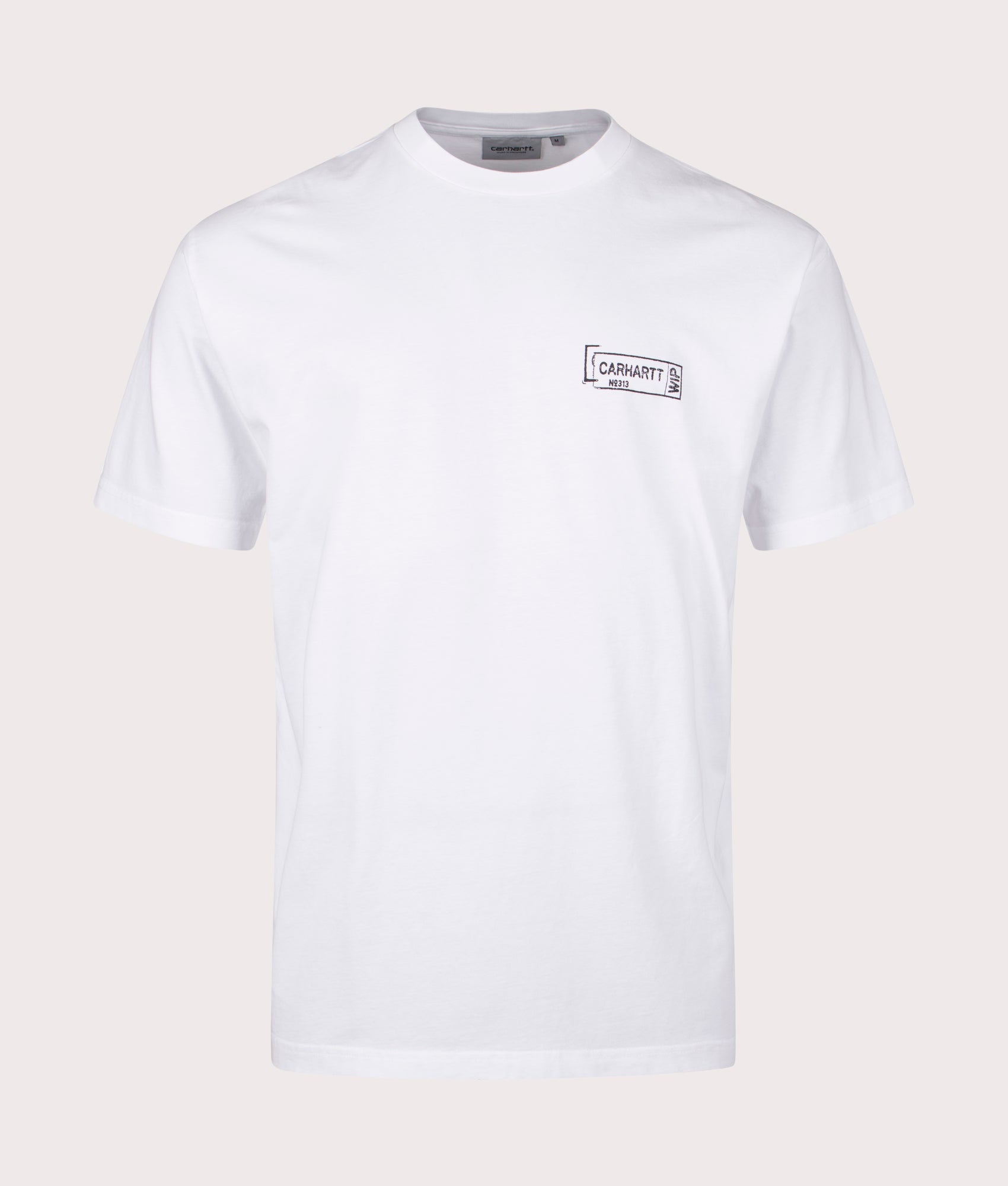 Carhartt WIP Relaxed Fit Stamp T-Shirt in White. Front angle shot at EQVVS.