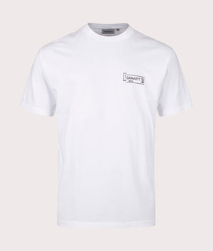 Carhartt WIP Relaxed Fit Stamp T-Shirt in White. Front angle shot at EQVVS.