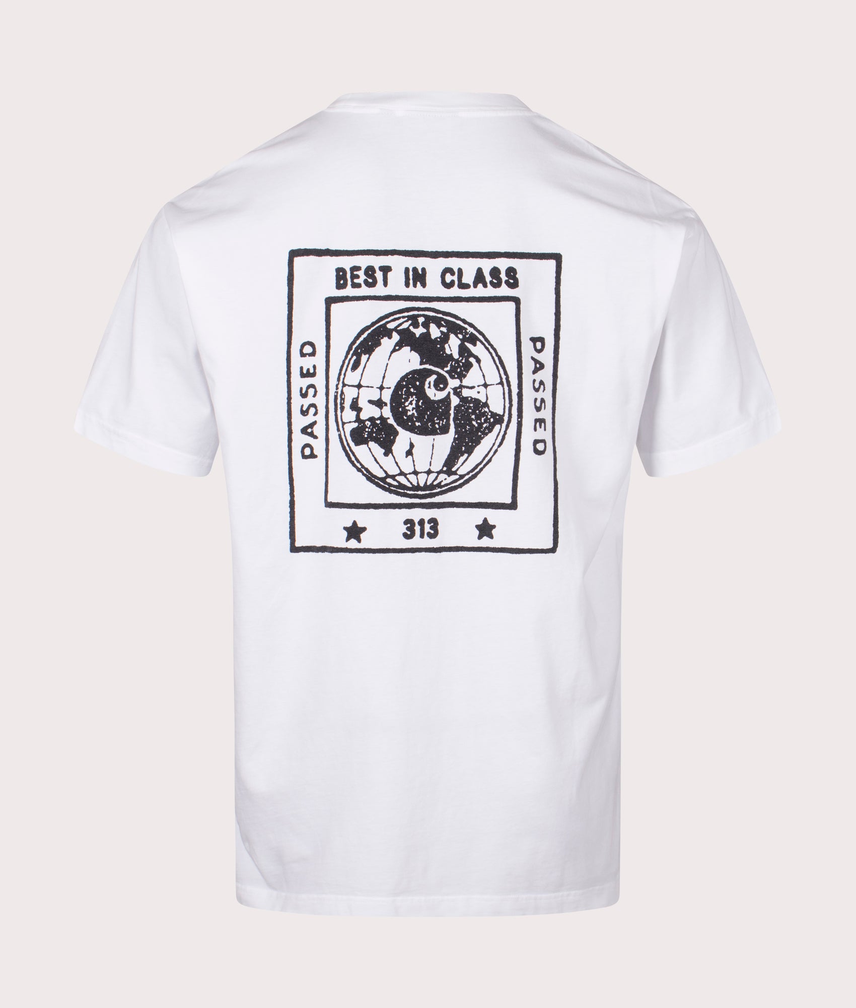 Carhartt WIP Relaxed Fit Stamp T-Shirt in White. Back angle shot at EQVVS.