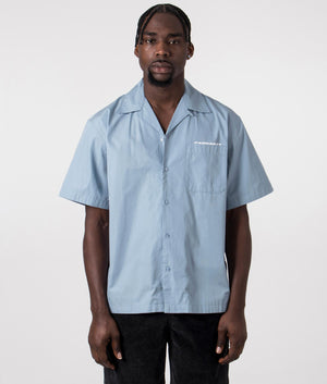 Carhartt WIP Short Sleeve Link Script Shirt in Frosted Blue and White, 100% Cotton. Model Front Shot at EQVVS