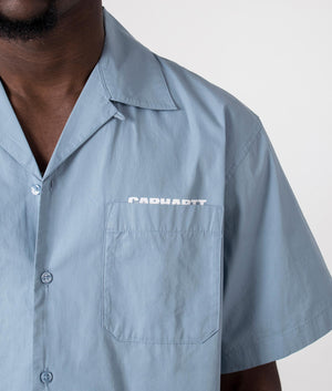 Carhartt WIP Short Sleeve Link Script Shirt in Frosted Blue and White, 100% Cotton. Model Detail Shot at EQVVS